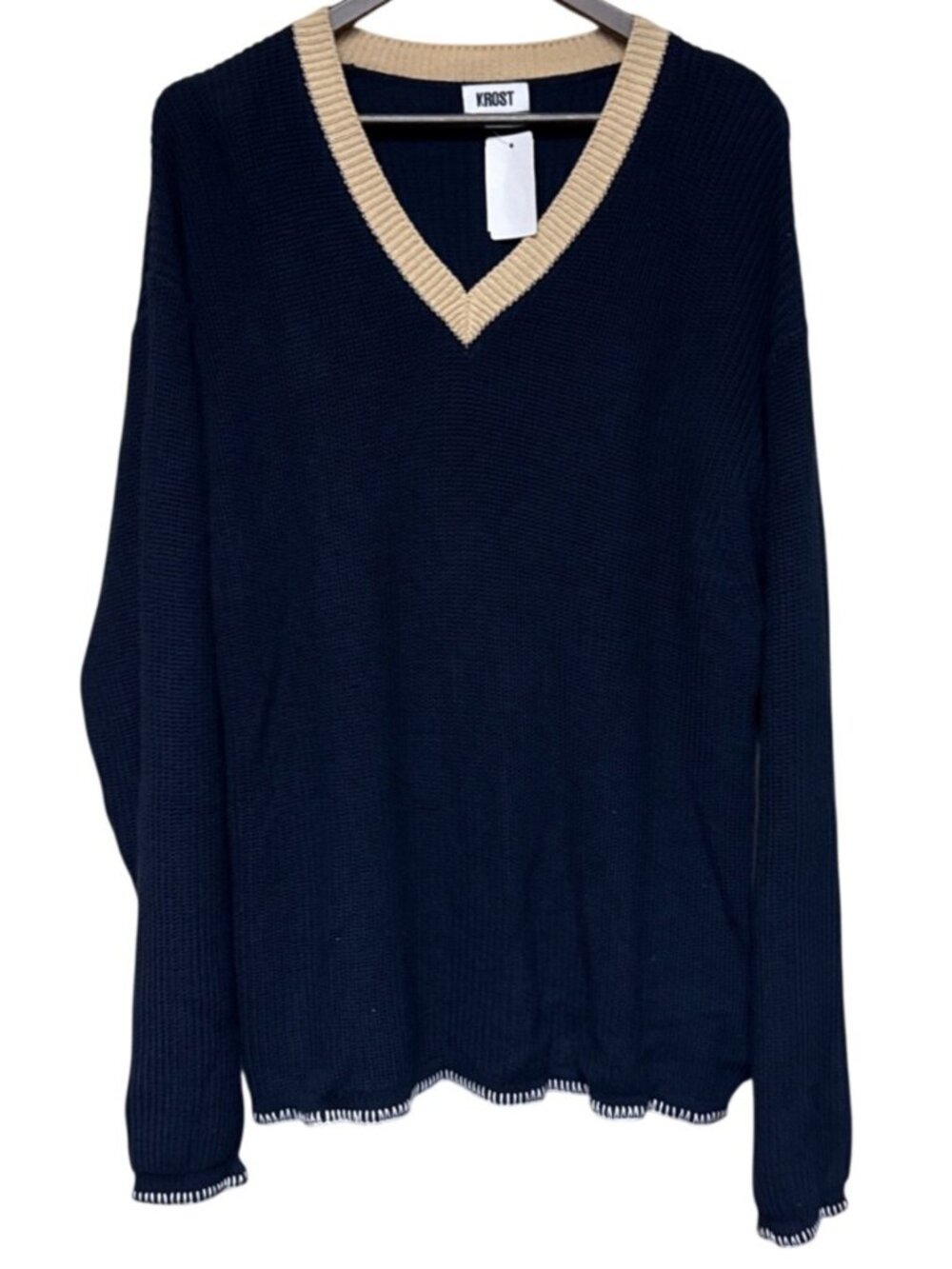 KROST Men's Navy Blue Sweater V-Neck Pull Over Size XL Knit Preppy 100% Cotton